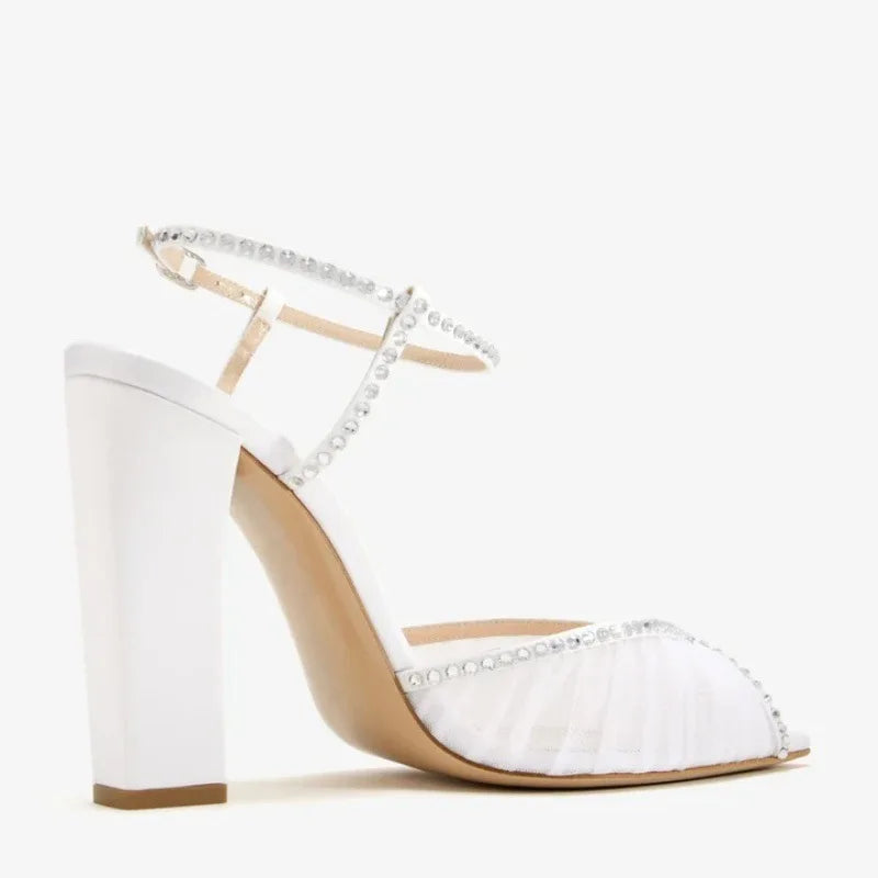 DailyNeeds™ summer new pointed fish mouth lace rhinestone wedding shoes fine high-heeled banquet dres customized large size women's sandals