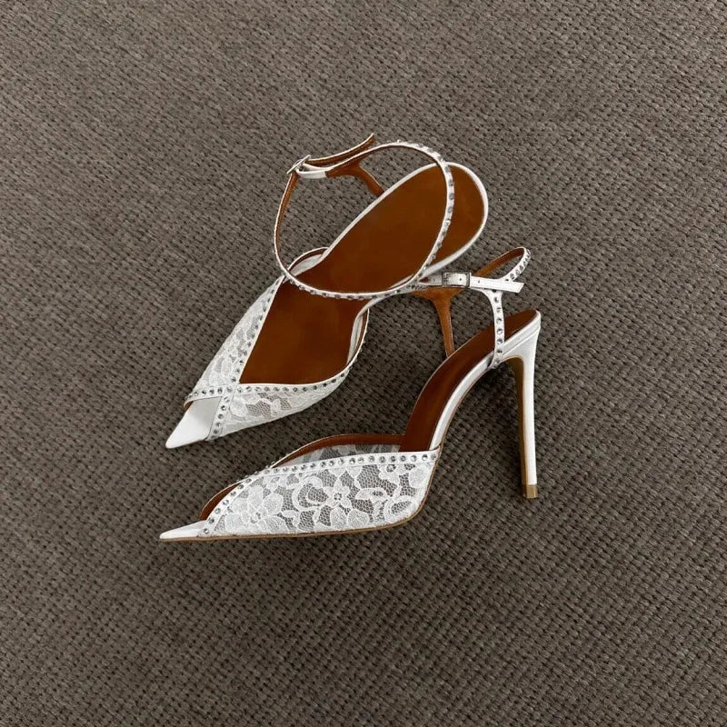 DailyNeeds™ summer new pointed fish mouth lace rhinestone wedding shoes fine high-heeled banquet dres customized large size women's sandals