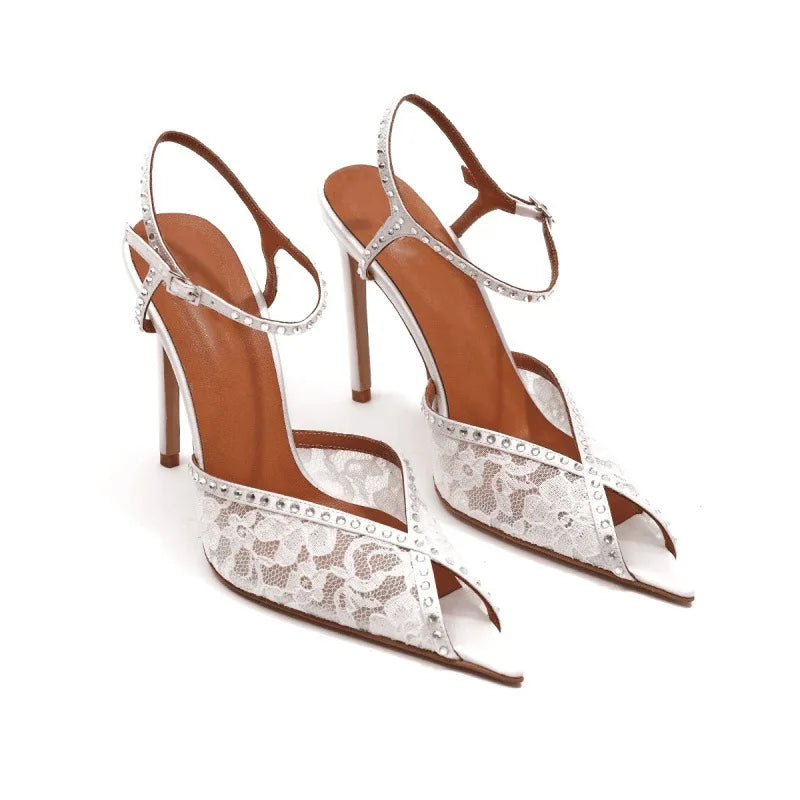 DailyNeeds™ summer new pointed fish mouth lace rhinestone wedding shoes fine high-heeled banquet dres customized large size women's sandals
