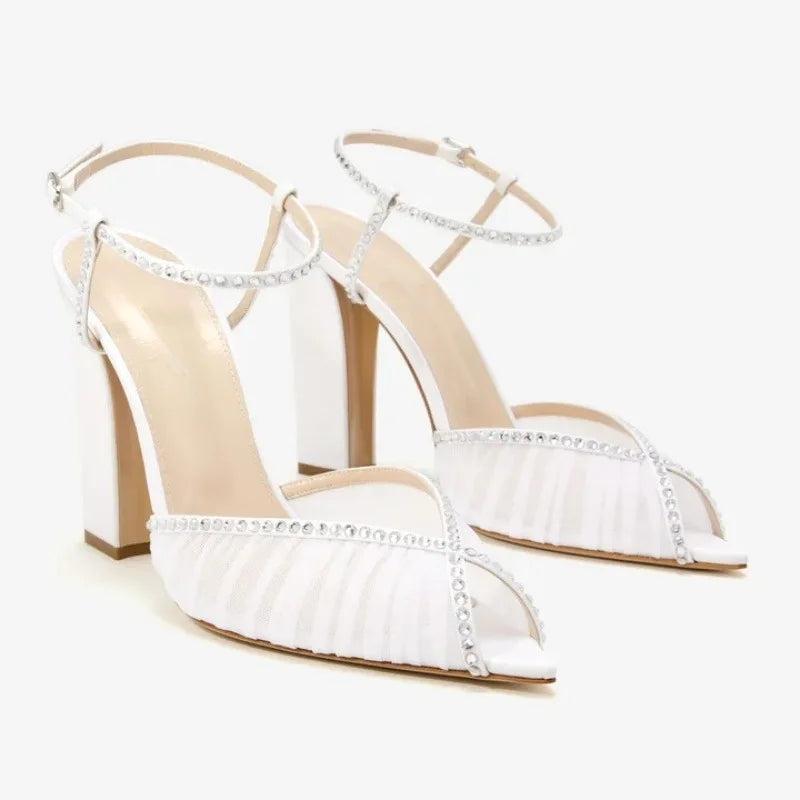 DailyNeeds™ summer new pointed fish mouth lace rhinestone wedding shoes fine high-heeled banquet dres customized large size women's sandals