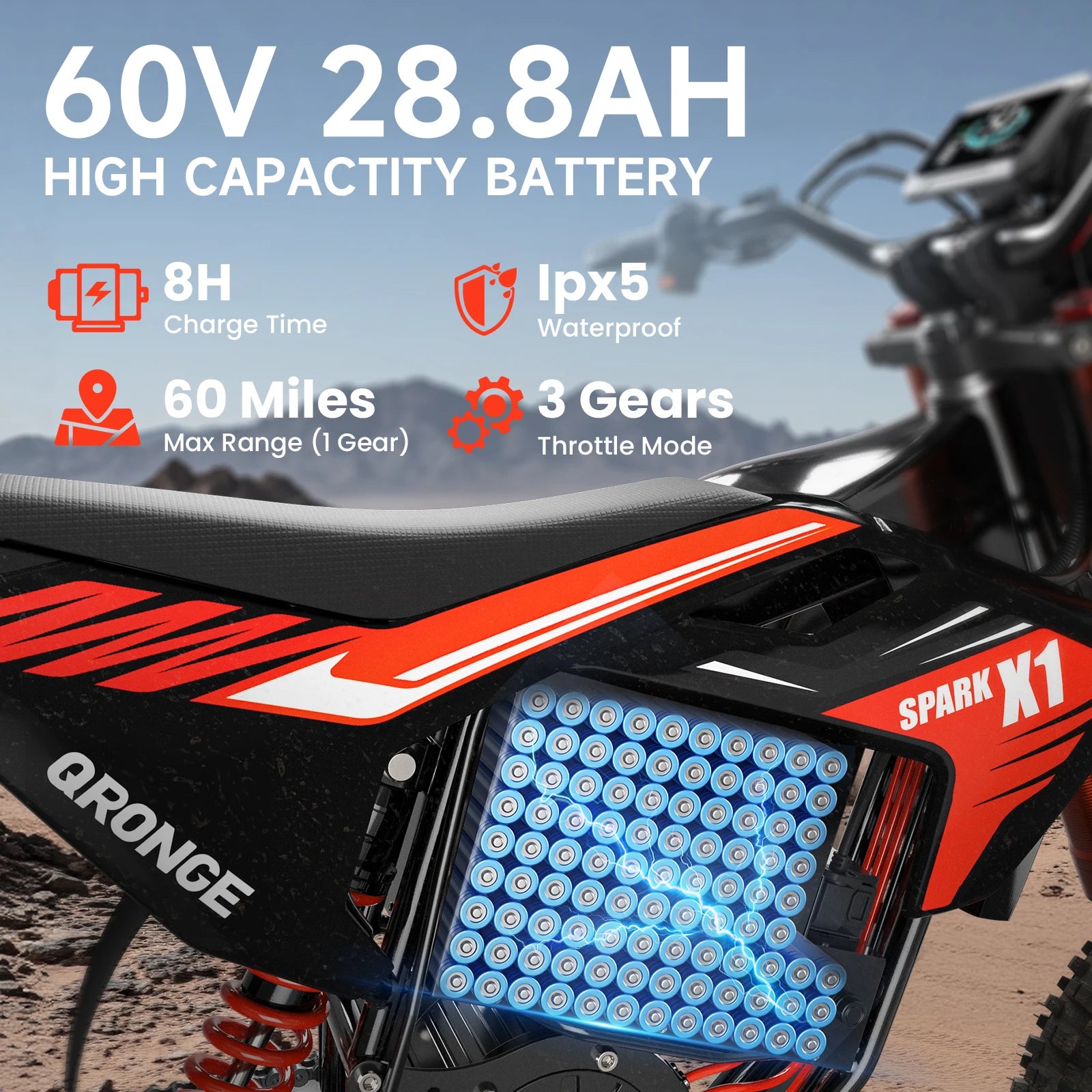 QRONGE X1 FREE SHIPING Spark Electric Dirt Bike for Teens Adults 4500W Peak Electric Motorcycle 60V 28.8Ah E-Dirt Bike 60 Mile Range E-Bike
