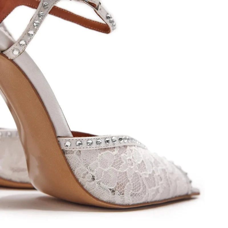 DailyNeeds™ summer new pointed fish mouth lace rhinestone wedding shoes fine high-heeled banquet dres customized large size women's sandals