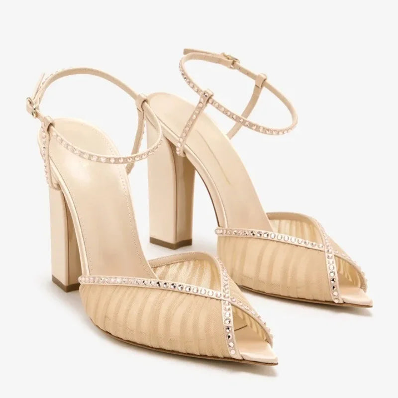 DailyNeeds™ summer new pointed fish mouth lace rhinestone wedding shoes fine high-heeled banquet dres customized large size women's sandals