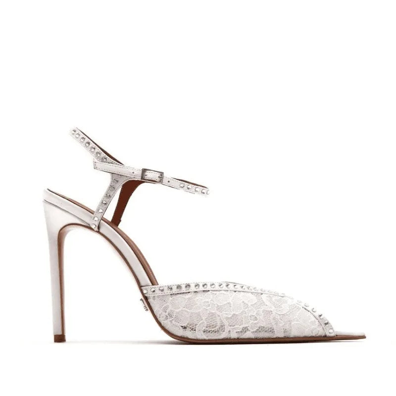 DailyNeeds™ summer new pointed fish mouth lace rhinestone wedding shoes fine high-heeled banquet dres customized large size women's sandals