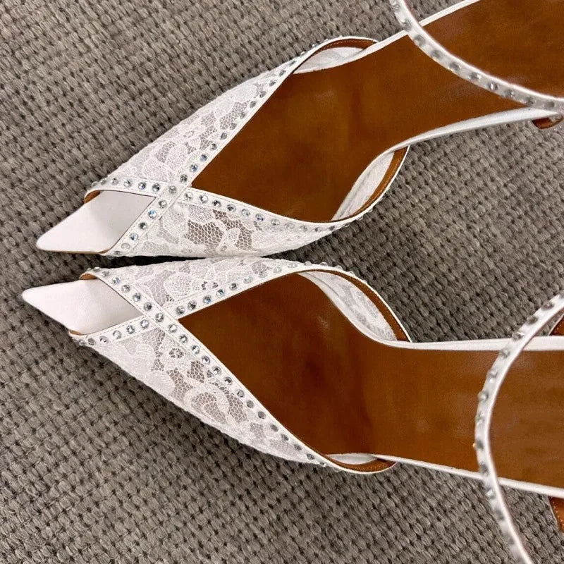 DailyNeeds™ summer new pointed fish mouth lace rhinestone wedding shoes fine high-heeled banquet dres customized large size women's sandals