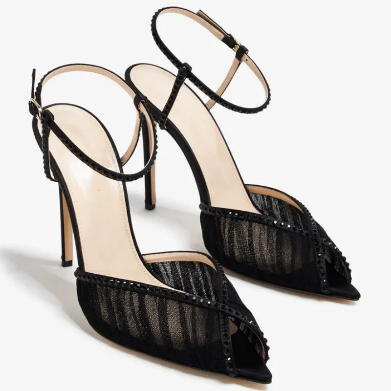 DailyNeeds™ summer new pointed fish mouth lace rhinestone wedding shoes fine high-heeled banquet dres customized large size women's sandals